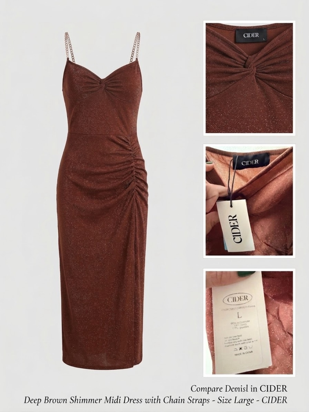Cider Brown Shimmer Midi Dress with Chain Straps